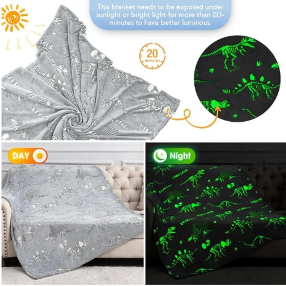 NIP Glow In The Dark Dinosaur Skeleton Fossil Fleece Blanket 50x60 Kids Soft Fun